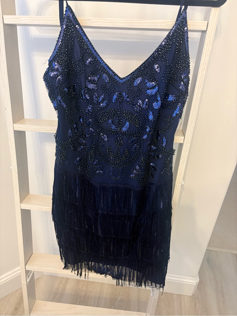 New Lulu's Navy Blue Sequence Fringe Mini Dress